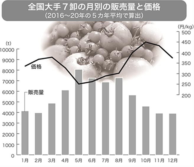 全国大手7卸の月別の販売量と価格（2016～20年の５カ月平均で算出）