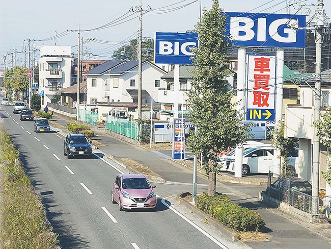 ビッグモーターの所沢店。店の前だけイチョウ並木が不自然に途切れている（埼玉県所沢市で）