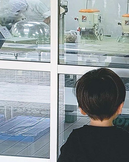 理科室を改装した洋菓子工房の様子を見る子ども（京都府福知山市で＝同市提供）
