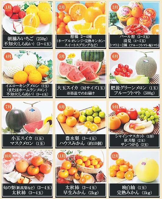 肥後庵のギフト用フルーツ定期便の年間ラインナップ(詰め合わせコース)(同社提供)