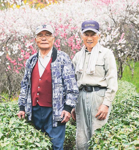 花桃の管理を担う樋裏さん（左）と田元さん